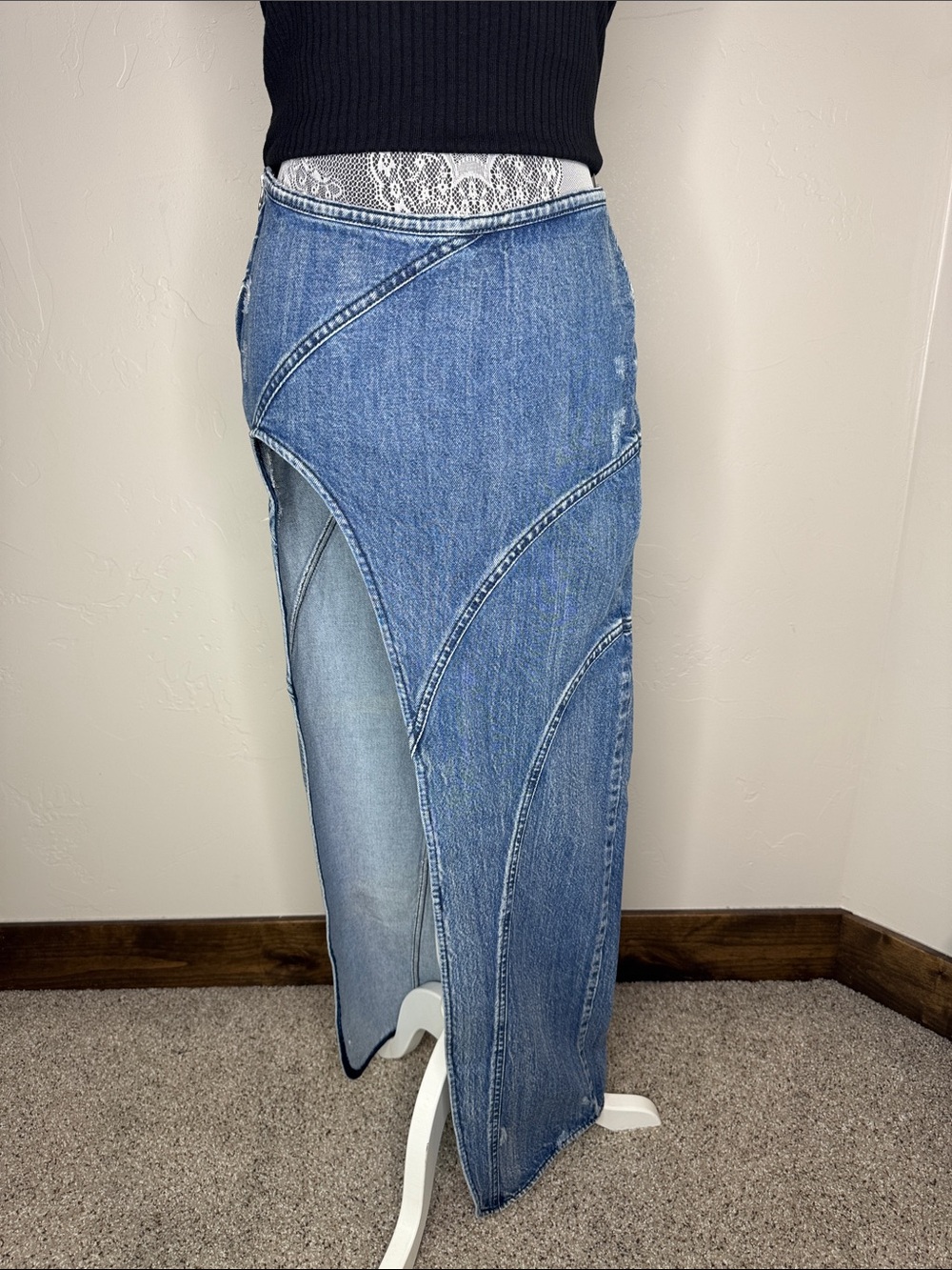 Retrofete Mecha Denim Maxi Skirt in Sea Blue with Dramatic Side Slit 15.5” Waist